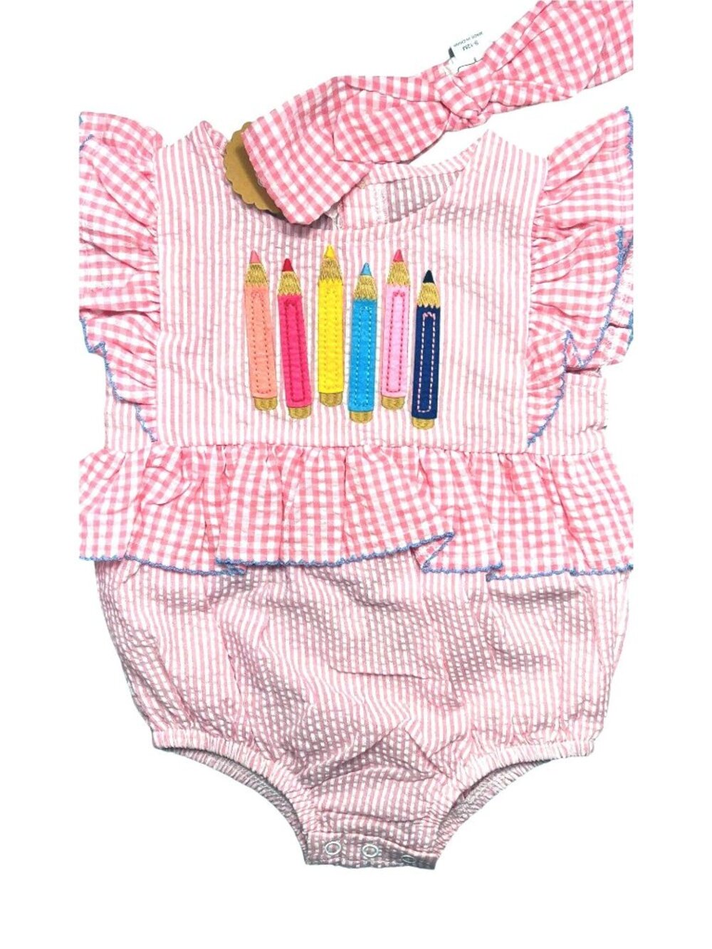 Mud Pie 9m 12m Back to School Bubble Headband Set pink seersucker crayon gingham
